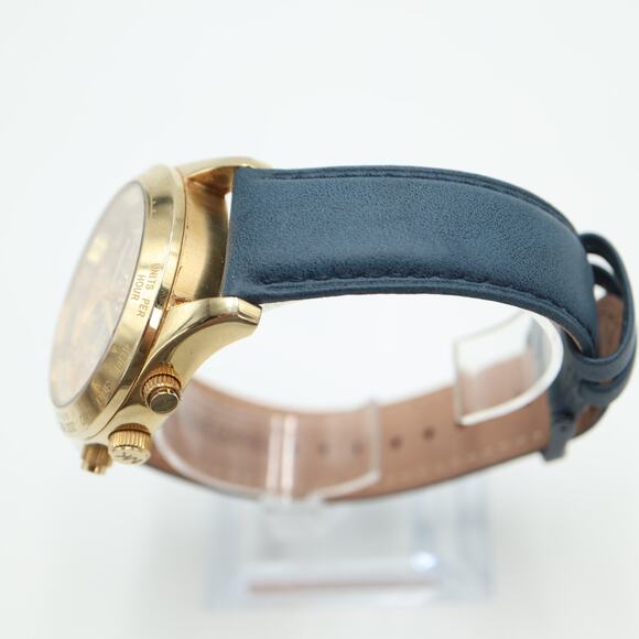 Michael Kors Layton Glitz Gold Black Chronograph 44mm Watch Blue Leather Strap - Picture 11 of 15